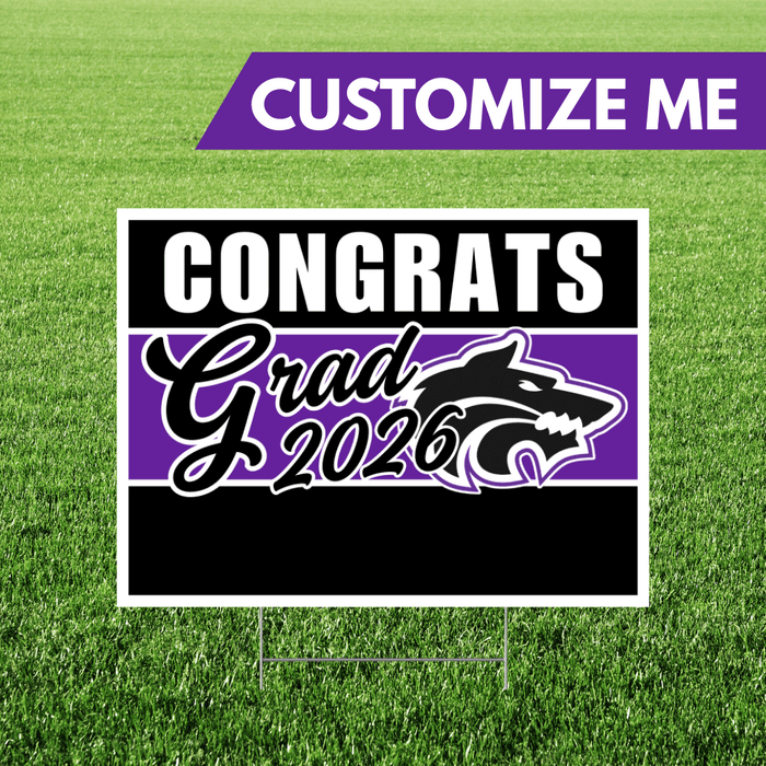 Graduation-themed sign with 'Congrats Grad 2026' on a grass background