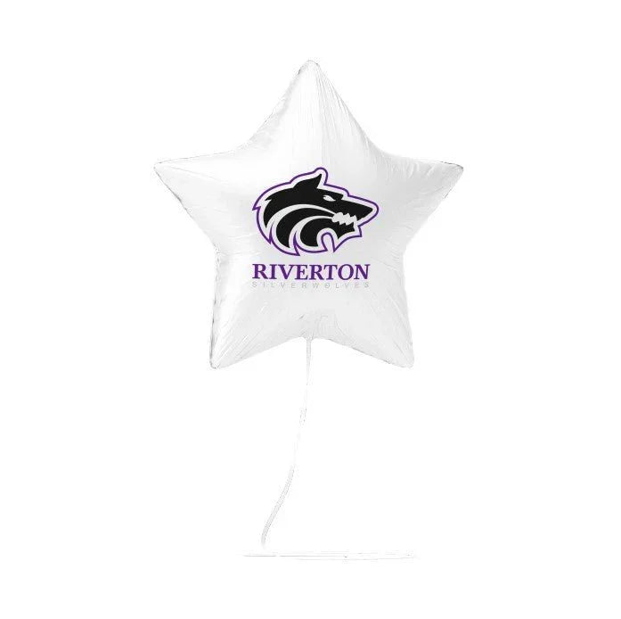 White star-shaped mylar balloon featuring a purple and black wolf mascot logo with "RIVERTON" text printed below.