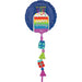 Tall foil balloon with a dark blue round top featuring a colorful birthday cake with lit candles, rainbow frosting, and white sprinkles, connected by a purple tail to dangling charms including a teal gift box, green party hat, red present, and purple party hat at the bottom.