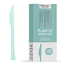 Light blue heavy duty plastic knives displayed next to their packaging box labeled "Plastic Knives" with a count of 20 pieces.