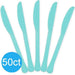 Five robin's egg blue plastic knives arranged in a fan pattern with a blue circle badge labeled "50ct" in the lower left corner.