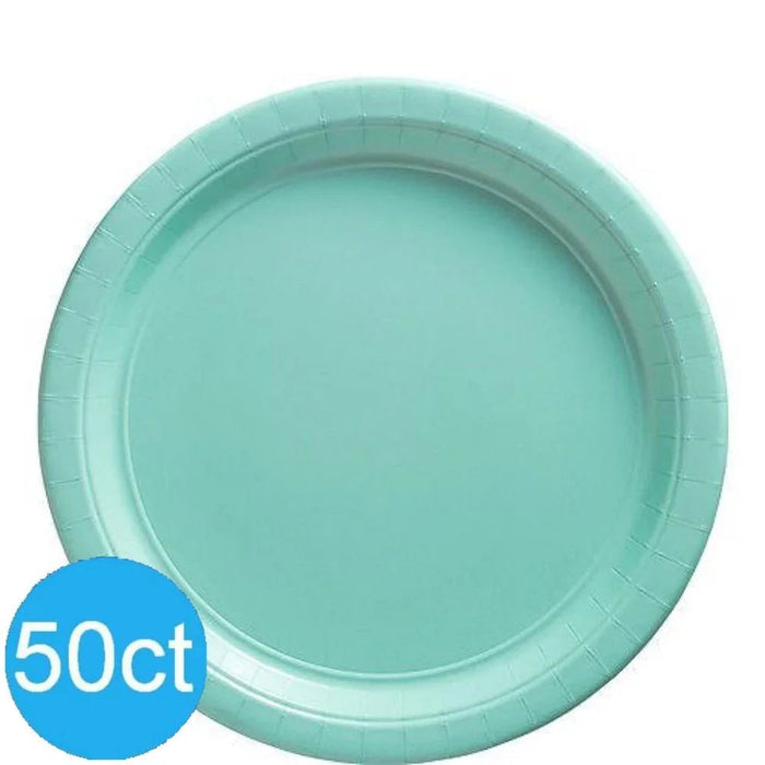 Robin's egg blue paper plates with ridged rim edges, shown from above as a single plate with a blue circular label indicating 50ct in the lower left corner.