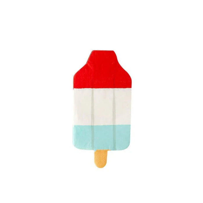 Red, white, and turquoise striped popsicle-shaped paper napkin with a yellow wooden stick handle.