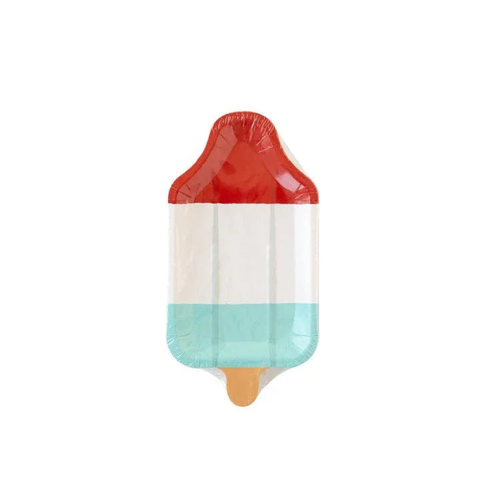 Popsicle-shaped paper plate with red top, white middle section, and turquoise bottom with tan stick, designed like a classic rocket pop ice cream.