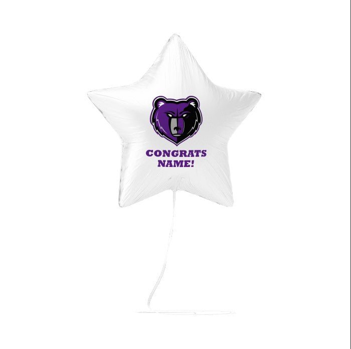 White star-shaped foil balloon featuring a purple bear mascot logo and "CONGRATS NAME!" text in purple lettering.