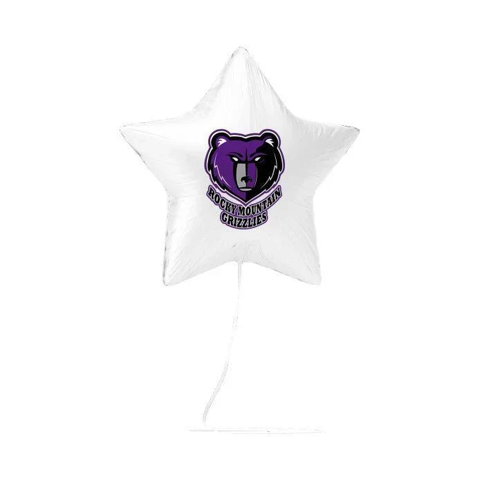 White star-shaped mylar balloon featuring a purple bear mascot logo labeled Rocky Mountain Grizzlies with a string attached.
