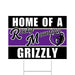 Purple and black yard sign with "Home of a Rocky Mountain Grizzly" text and a bear mascot logo, measuring 24 by 18 inches.