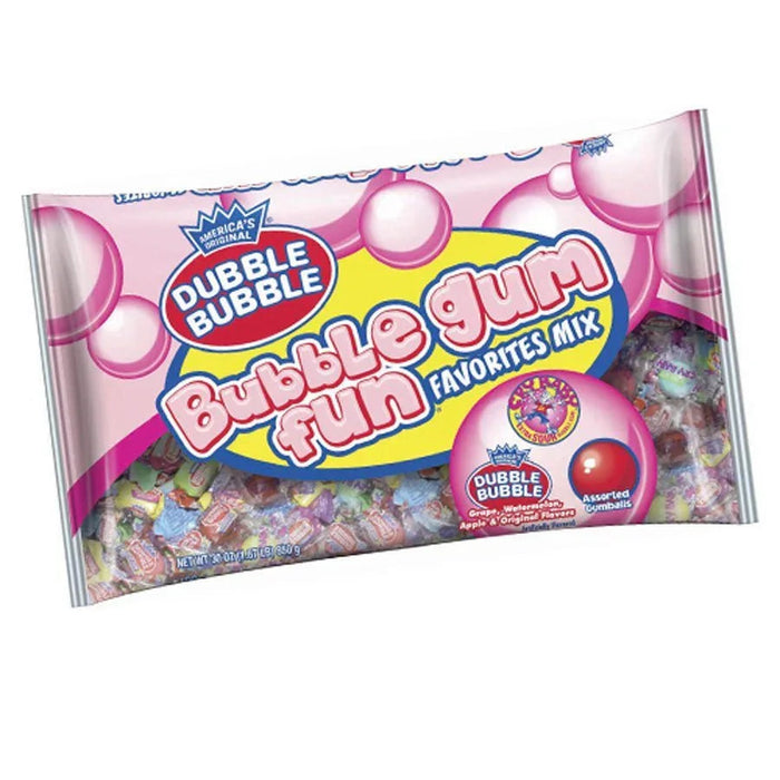 Pink and yellow packaged bag of Dubble Bubble assorted gum featuring large pink bubbles and colorful wrapped candies visible through clear plastic window.