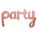 Rose gold foil letter balloons spelling "party" on a white background.