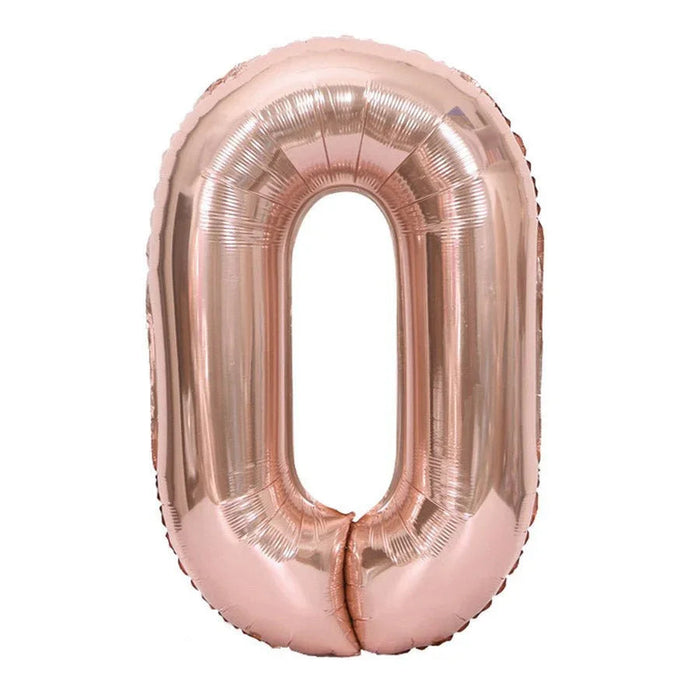 Rose gold foil number zero balloon with a tall oval shape and metallic finish against a white background.