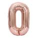 Rose gold foil number zero balloon with a tall oval shape and metallic finish against a white background.