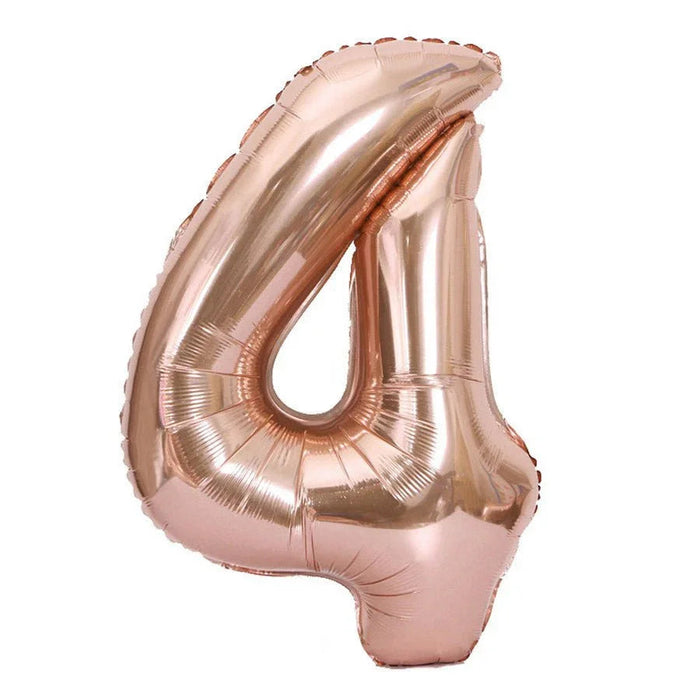 Rose gold metallic number 4 foil balloon with a shiny reflective surface and rounded shape.