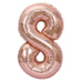 Rose gold metallic foil balloons shaped as the numbers 9 and 8, featuring a shiny finish with radial ribbed texturing and central holes in each numeral.