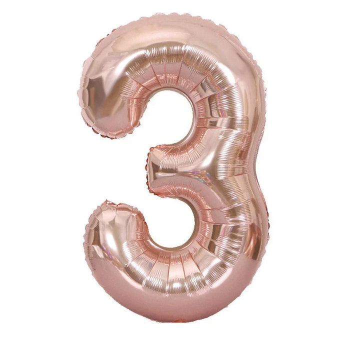 Rose gold mylar number 3 balloon with a shiny metallic finish and ribbed texture throughout.