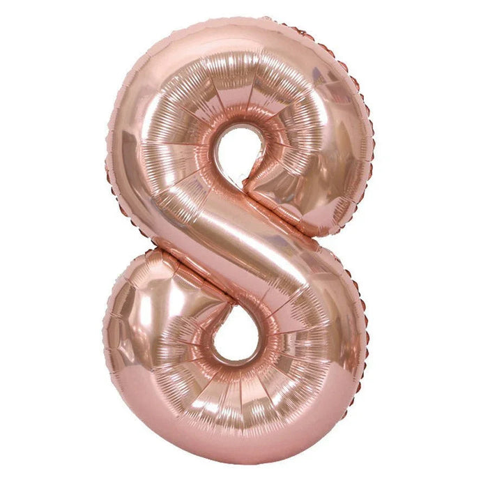 Rose gold metallic foil number balloons displaying 9 and 8 stacked vertically against a white background.