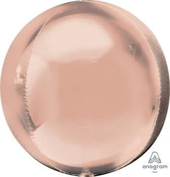 Rose-gold spherical foil balloon with a reflective metallic finish and slight surface creases typical of deflated party balloons.