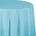 Light blue round plastic tablecloth with soft folds and draping, displayed on a curved surface to show its size and material texture.