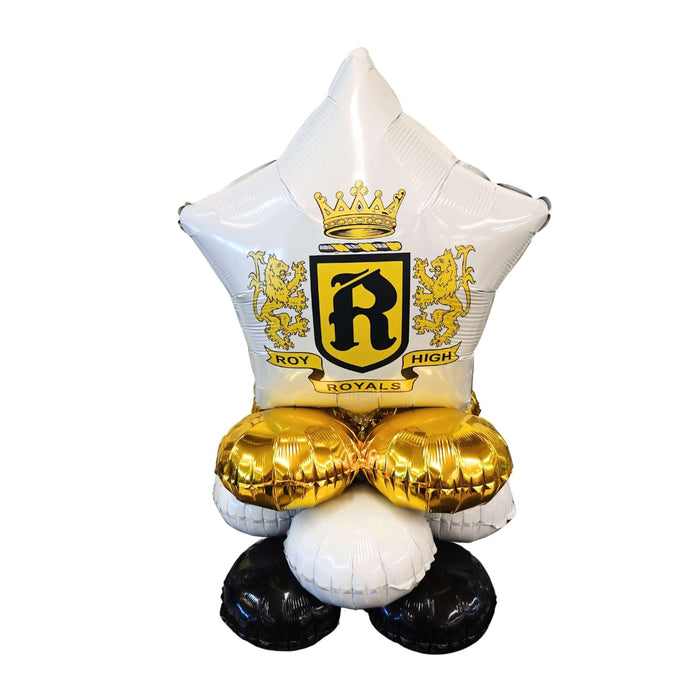 Decorative balloon with crest and text on a white background