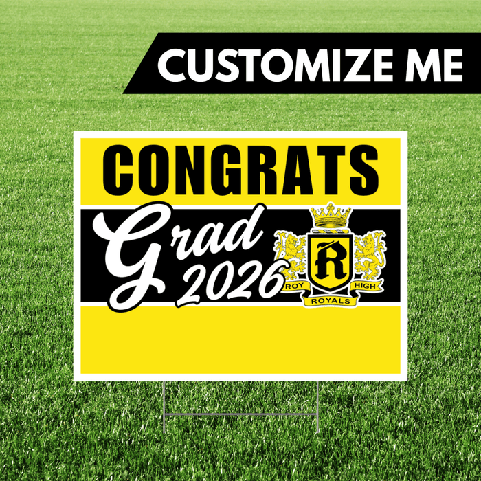 Graduation-themed sign with 'Congrats Grad 2026' on a grass background