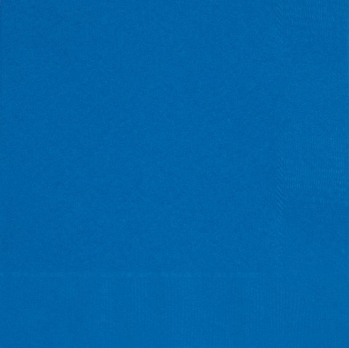 Pack of 100 royal blue beverage napkins with a solid textured fabric appearance.