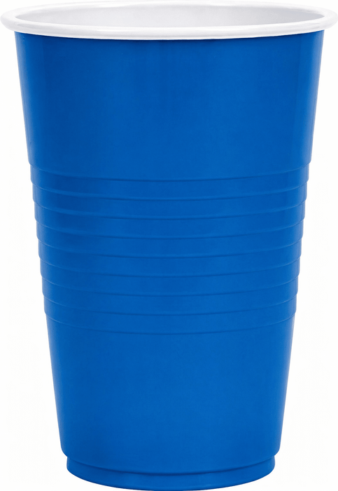 Bright blue disposable cup with white rim and horizontal ridged texture on the sides.