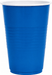 Bright blue disposable cup with white rim and horizontal ridged texture on the sides.