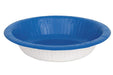 White disposable bowl with a ridged blue rim, shown from above against a white background.