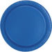 Bright blue disposable paper plate with a ridged rim and flat center surface, shown from above.