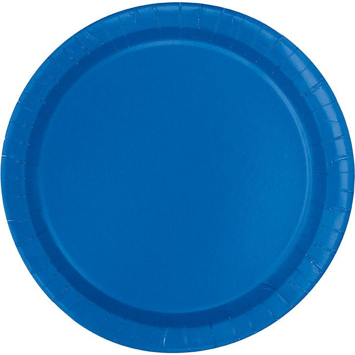 Solid royal blue paper plate with a slightly raised rim and textured edge, shown from a flat overhead view.