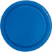 Solid royal blue paper plate with a slightly raised rim and textured edge, shown from a flat overhead view.