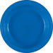 Bright royal blue plastic plate with a shallow bowl shape and ridged rim, shown from above against a white background.