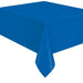 Royal blue plastic table skirt with pleated sides and pointed hem corners, displayed draped over a table.