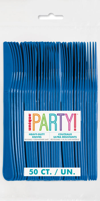 Package of fifty royal blue heavy-duty reusable knives with colorful "Unique Party" branding and text indicating they are dishwasher safe.