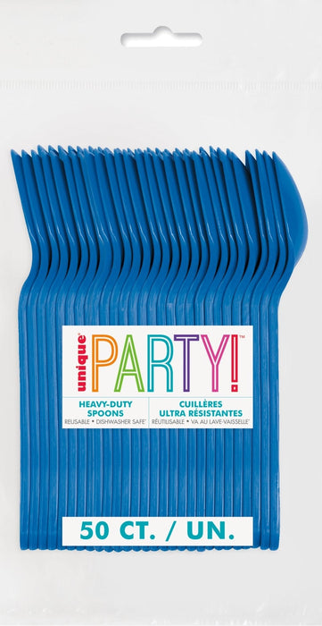 Package of 50 royal blue heavy-duty reusable spoons with colorful "Party!" branding and text indicating dishwasher safe and microwaveable use.