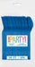 Package of 50 royal blue heavy-duty reusable spoons with colorful "Party!" branding and text indicating dishwasher safe and microwaveable use.