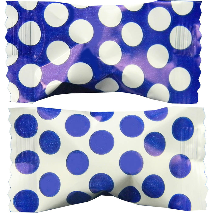 Two blue and cream polka dot wrapper designs for buttermint candies, with white dots on a galaxy-patterned blue background on top and blue dots on a cream background below.