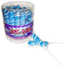 Clear plastic container holding approximately 30 blue and white swirled lollipops with a purple label reading "Color Splash Blue Raspberry," with one lollipop displayed separately in front.