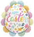 Large egg-shaped white foil balloon with pink and blue "Happy Easter" text surrounded by colorful flowers, featuring ruffled pastel-colored circular decorations around the edges.