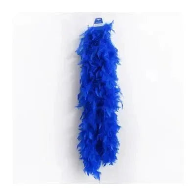 Bright royal blue feather boa with ruffled texture displayed vertically against a white background.