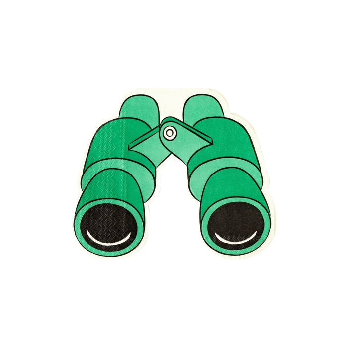 Safari binoculars shaped napkin with green binocular design, black lens details, and simple illustrated accents on a white background.
