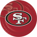 Red circular dessert plate featuring the San Francisco 49ers oval logo with white "SF" lettering, bordered by black and gold rings.