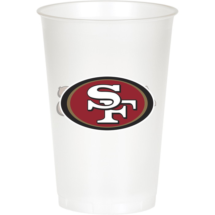 White frosted plastic cup featuring the San Francisco 49ers red and gold oval logo with "SF" letters in the center.