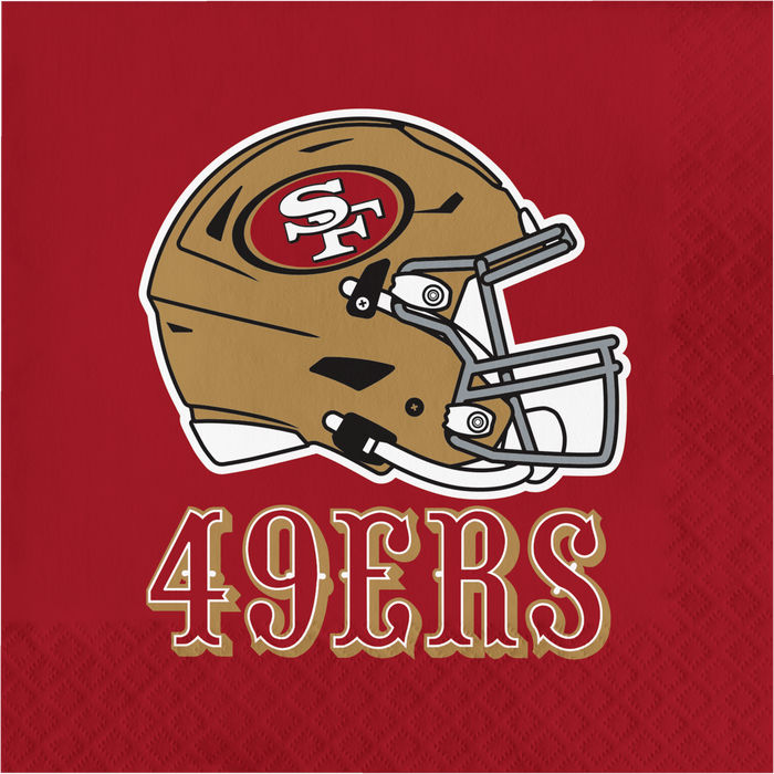 Gold and white San Francisco 49ers football helmet with "SF" logo on red background with gold "49ERS" text below.