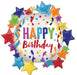 Colorful mylar balloon featuring "Happy Birthday" text in pink and orange with green letters, surrounded by a border of multicolored star shapes in blue, red, yellow, purple, and orange, decorated with confetti and streamers.
