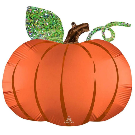 Orange satin pumpkin-shaped foil balloon with glittery green leaf and brown stem accents, featuring segmented ridges for dimensional appearance.