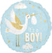 Light blue round mylar balloon featuring an illustrated white stork with gold-accented wings carrying a white egg, surrounded by gold and white stars and clouds, with white text reading "It's a BOY!