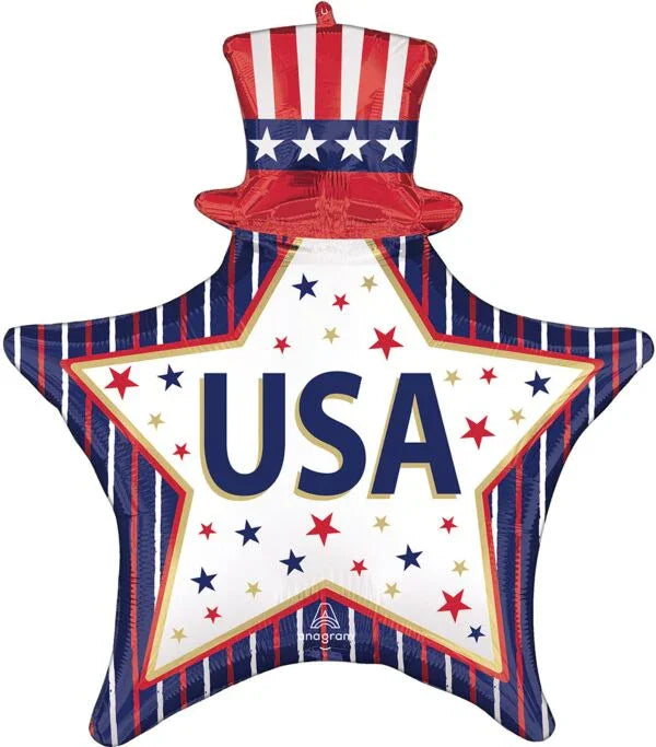 Red, white, and blue star-shaped mylar balloon with "USA" text, patriotic top hat, and scattered stars throughout.