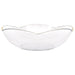 White ceramic serving bowl with scalloped edges, gold-trimmed handles, and a subtle textured bottom, shown from above at an angle.