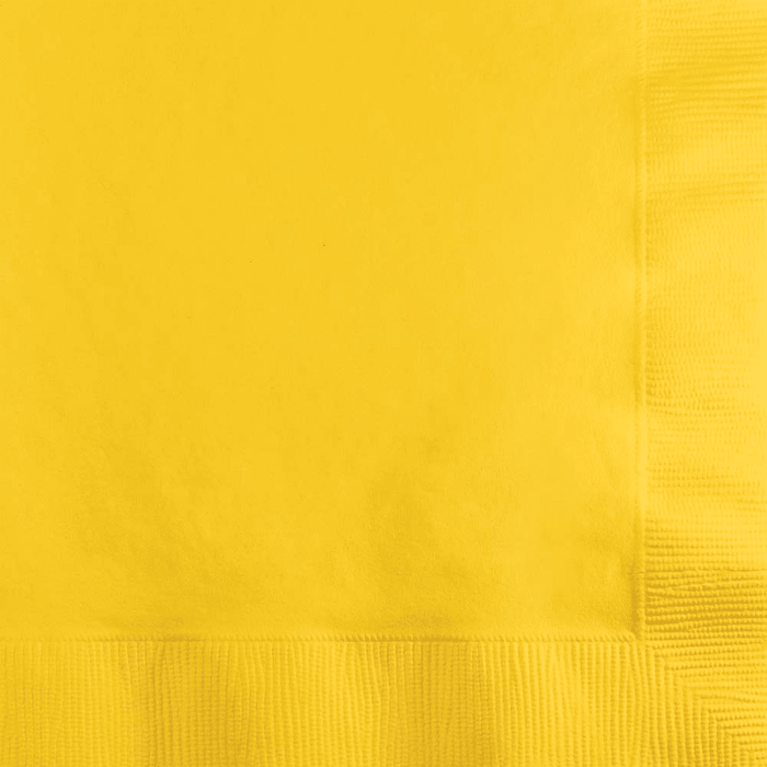 Bright school bus yellow paper napkins arranged in a stack, showing the textured fabric weave pattern of the napkin material.