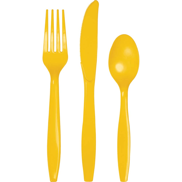 Three bright yellow plastic utensils arranged vertically: a fork on the left, knife in the center, and spoon on the right.
